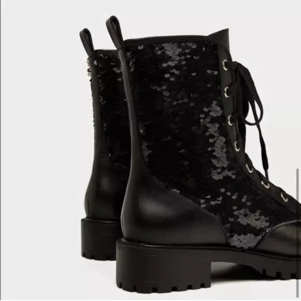 Zara Black Leather Sequined Lace Up Boots Size 6 US